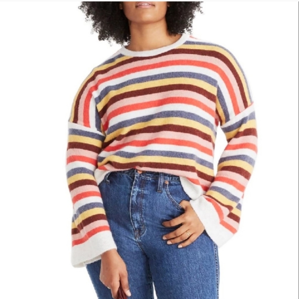 Madewell Colorful Striped Bell Sleeve Fuzzy Cropped Pullover Wool Blend Sweater